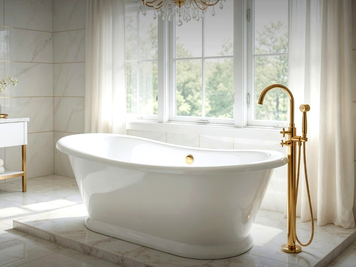 Installed freestanding bathtub in a bright bathroom