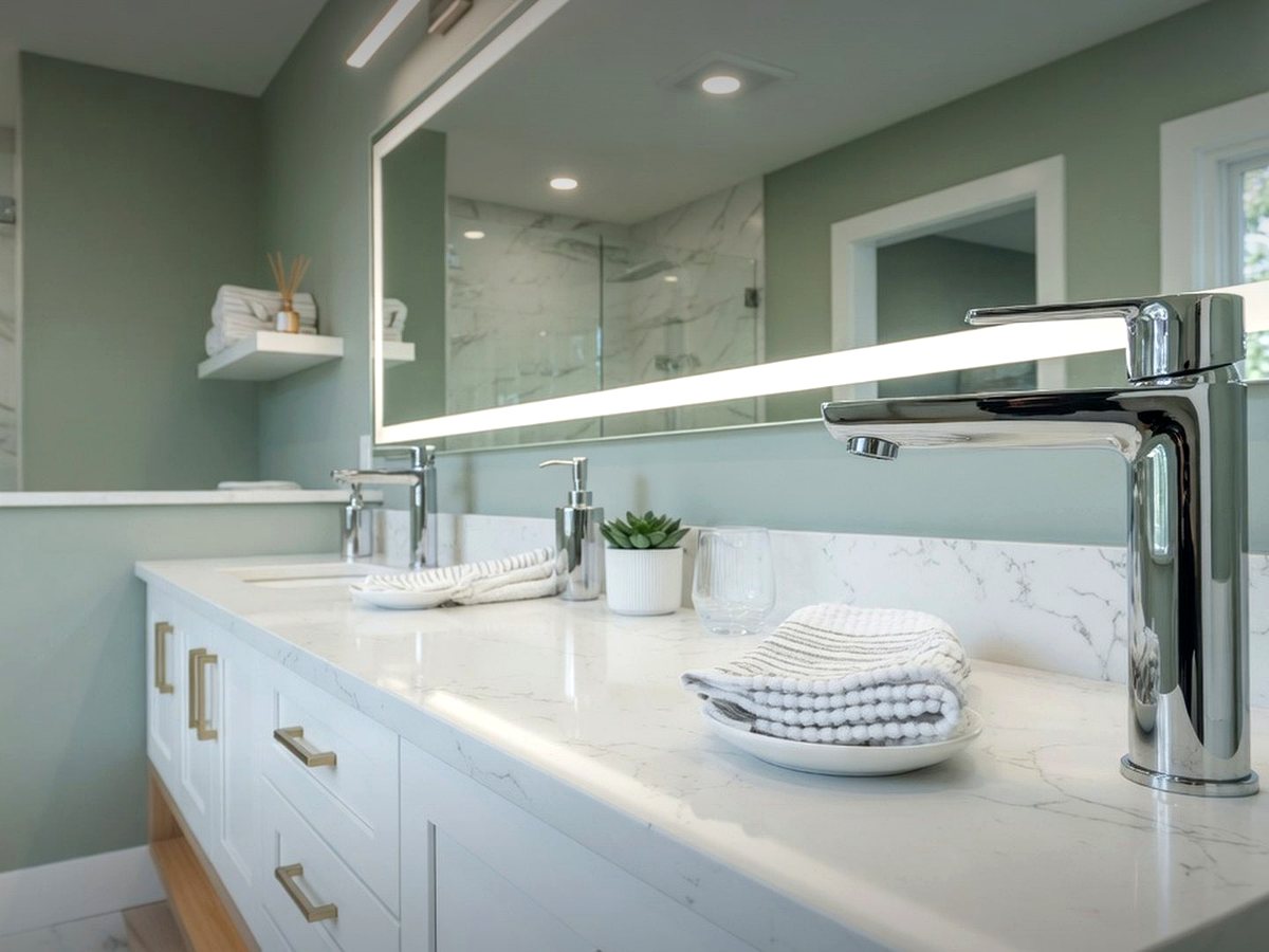 Installed chrome bathroom faucet on a modern vanity