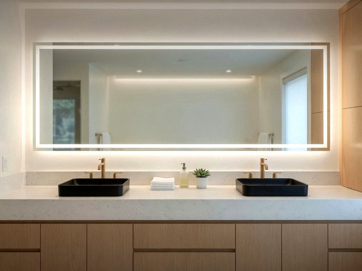 Illuminated LED vanity mirror in a modern bathroom