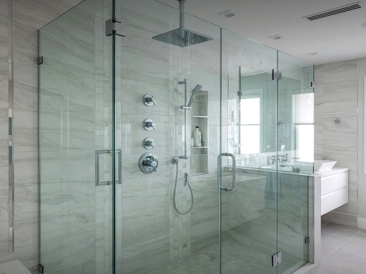 Modern frameless glass shower enclosure and system