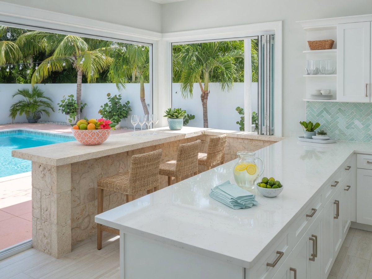 Coastal kitchen and outdoor stone bar overlooking a pool in Monroe County