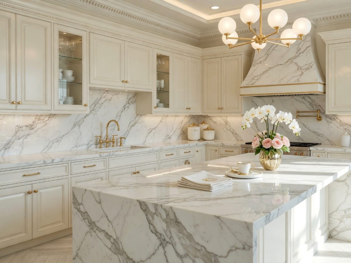 Elegant bright kitchen with marble-look quartz in Palm Beach County