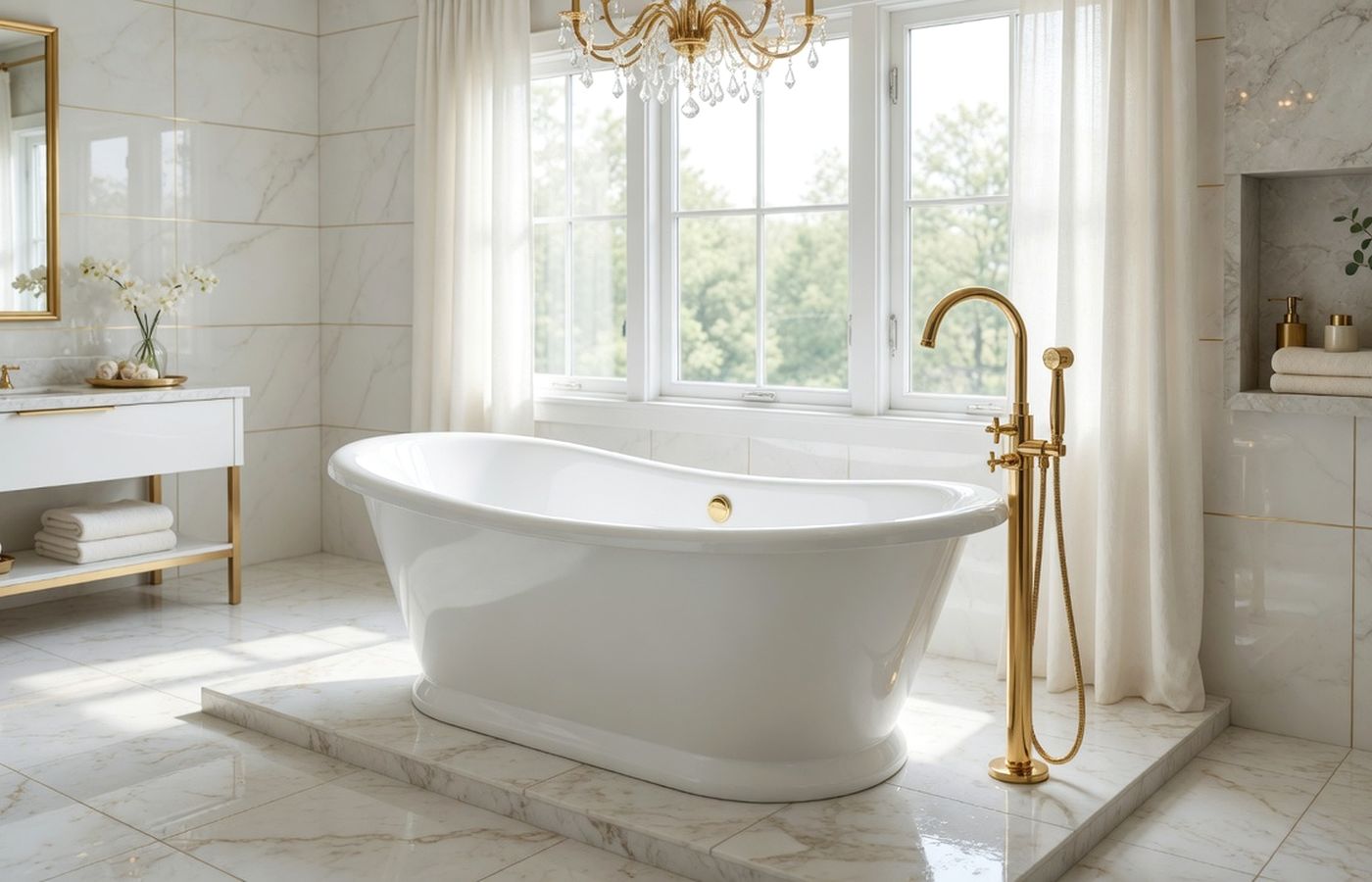 White freestanding bathtub in a bright luxury bathroom