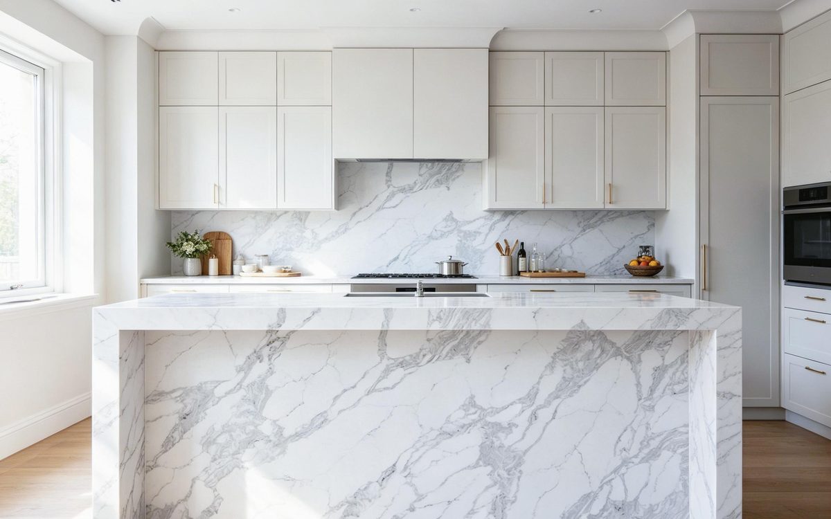 Bright kitchen with white quartz waterfall island and matching slab backsplash