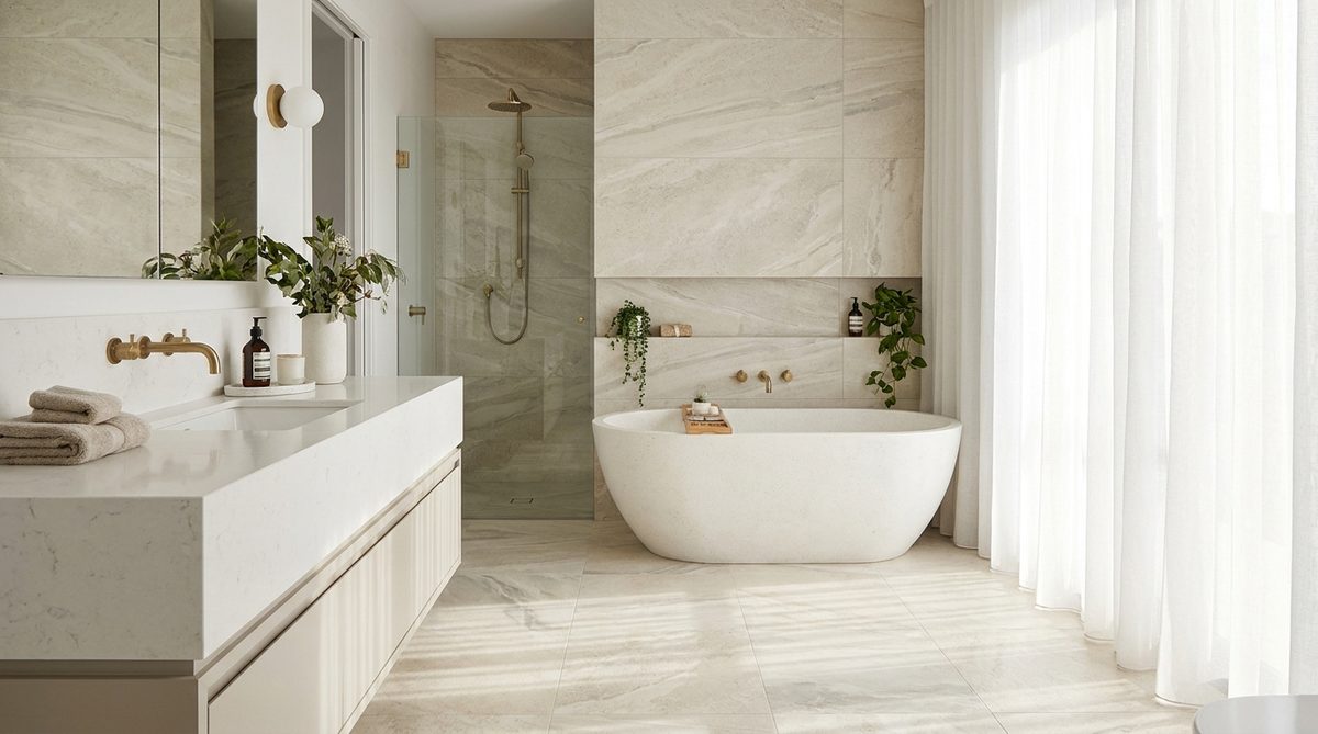 Bright modern bathroom with quartz vanity, freestanding tub and large-format tile