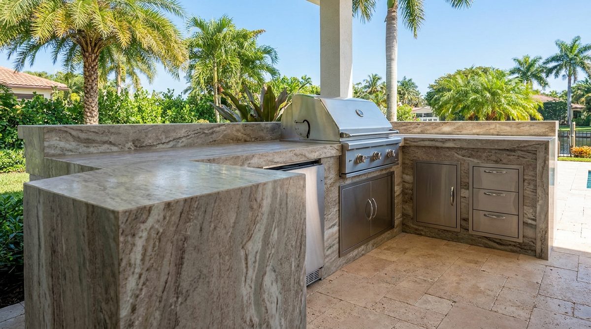 Bright outdoor kitchen with quartzite countertop, built-in grill and palm trees