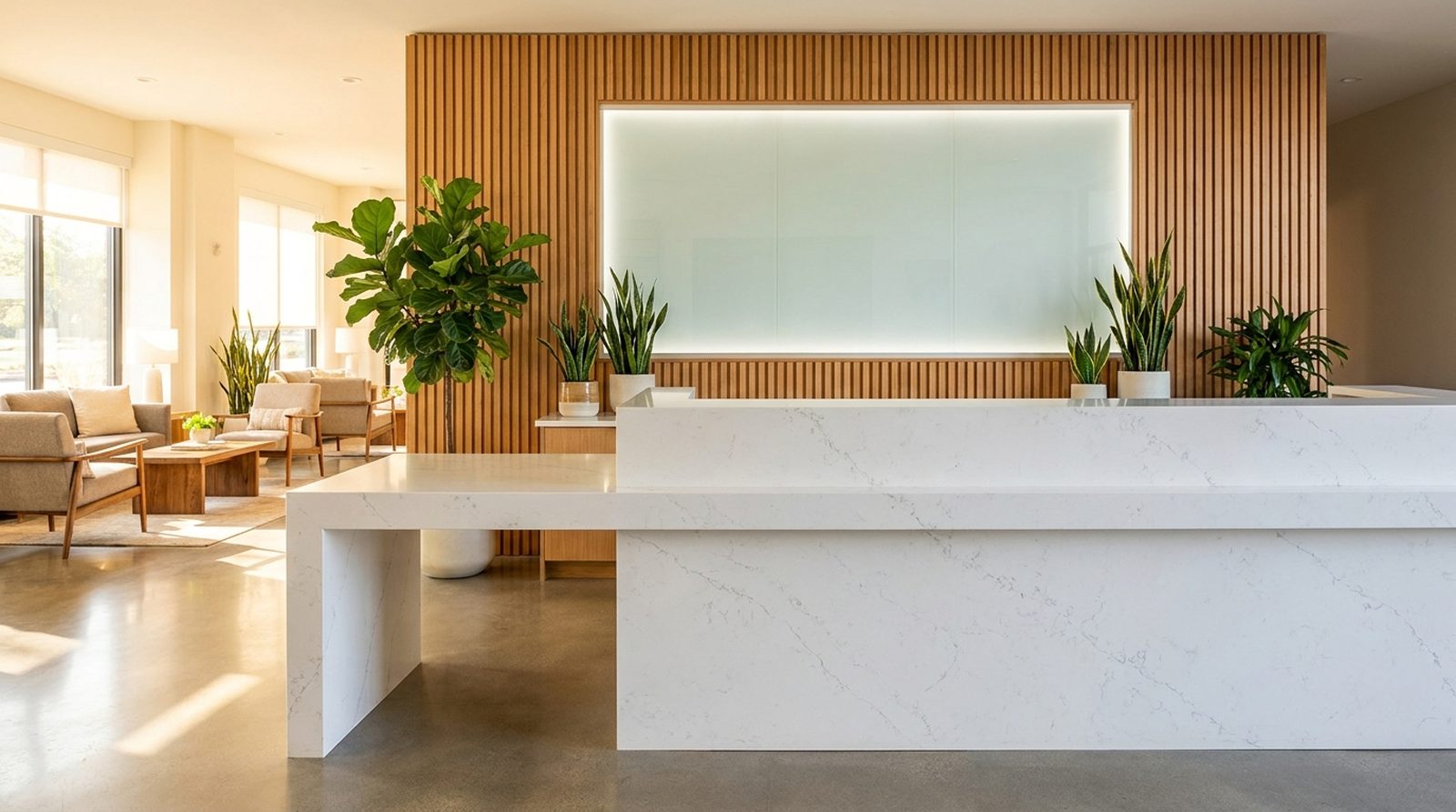 Bright commercial reception area with white quartz reception desk and waterfall sides