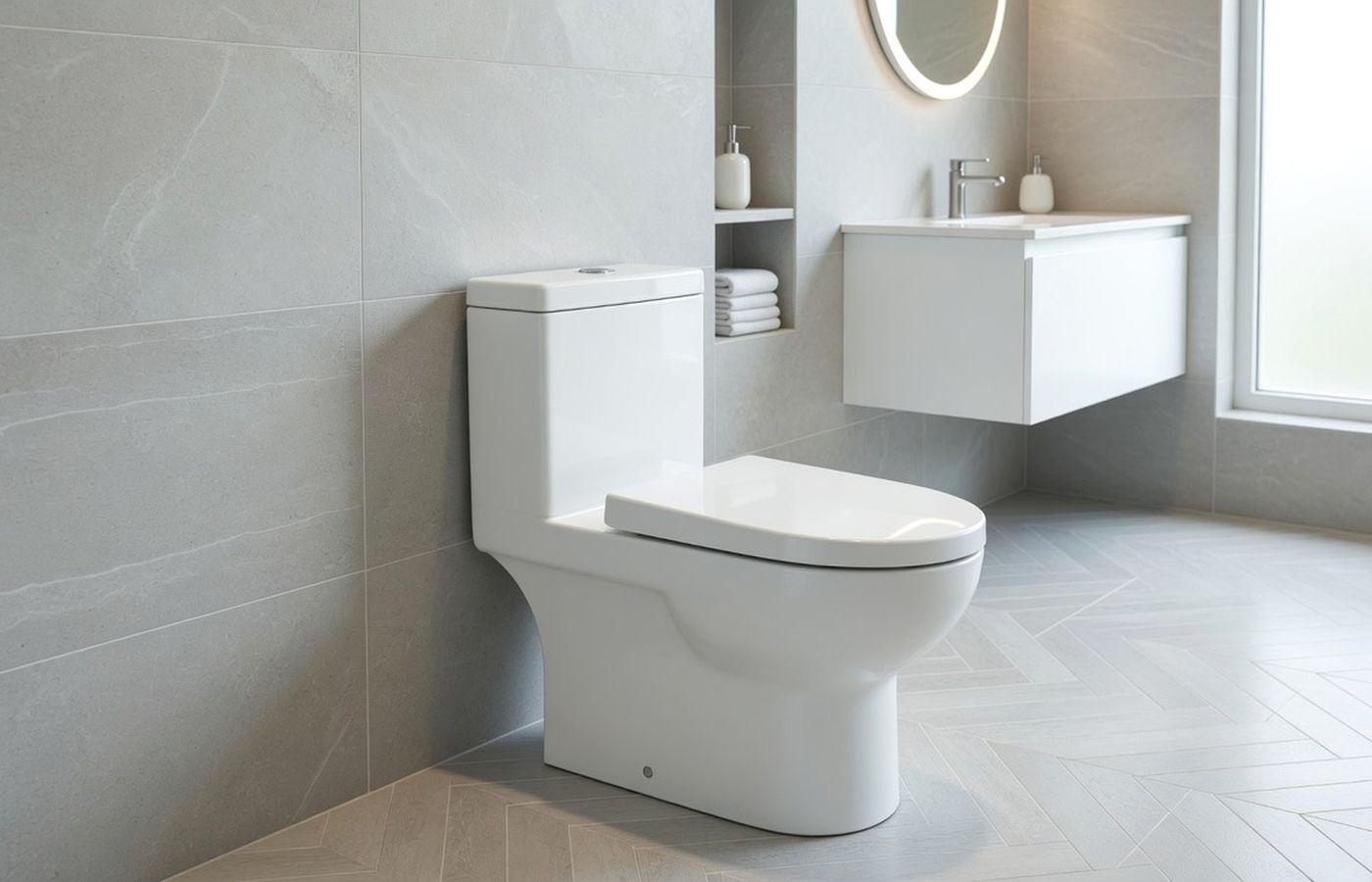 Modern one-piece toilet in bright bathroom