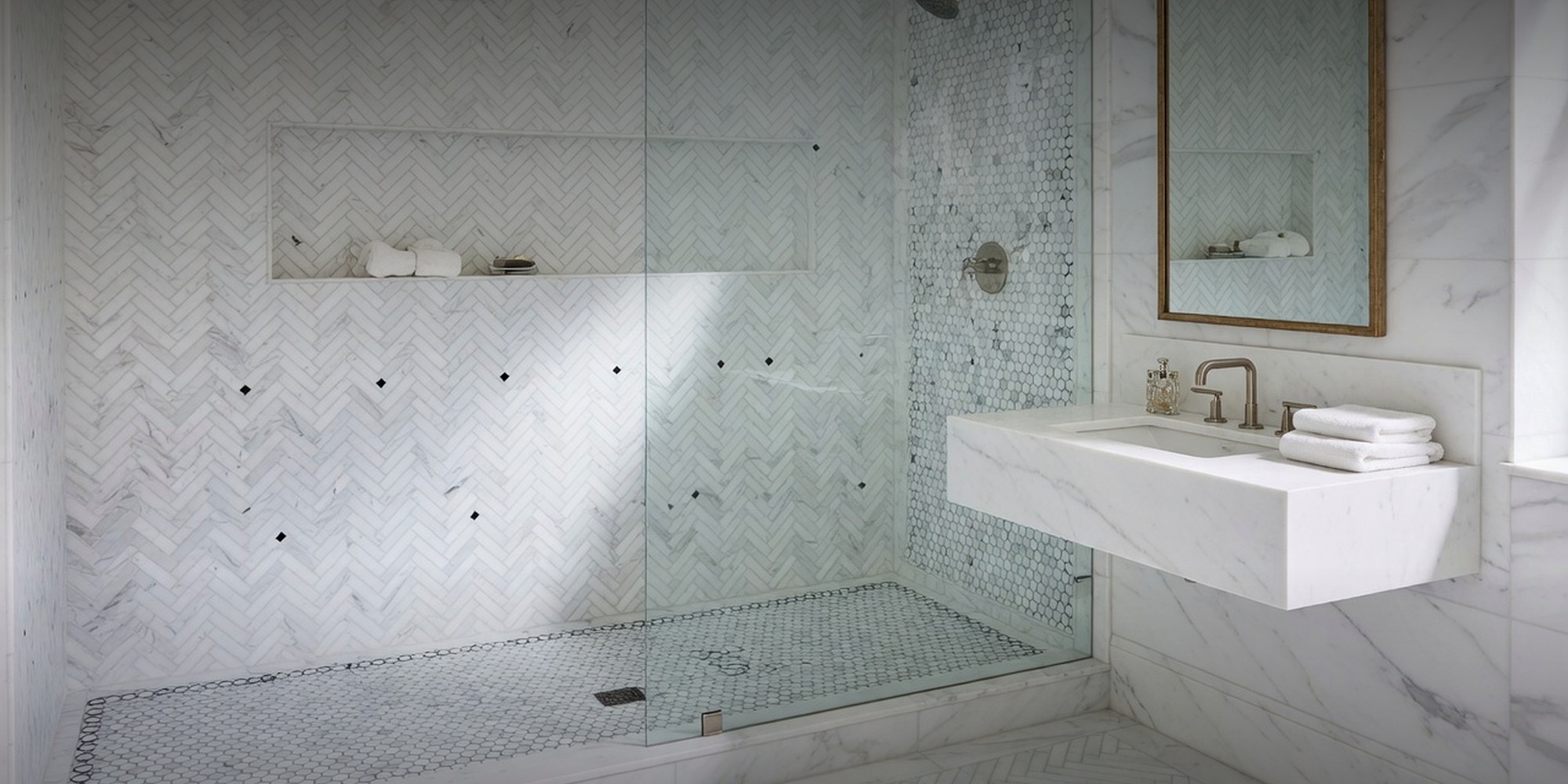 Marble mosaic tile installed in a luxury shower
