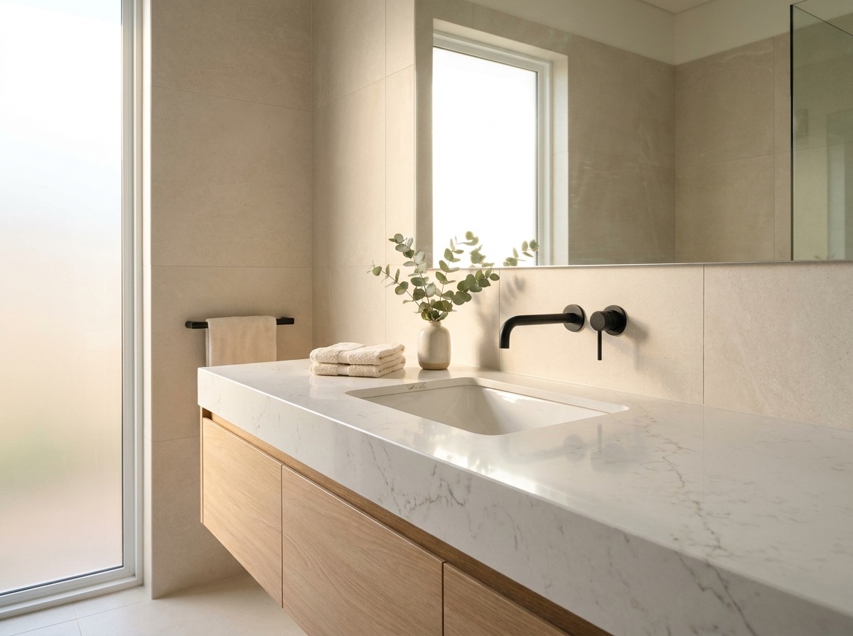 Modern bathroom with white quartz vanity top — browse the Versa Stone vanity top catalog
