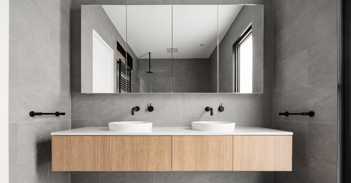 Modern double-sink bathroom with white stone vanity top — double-sink layouts in the vanity top catalog