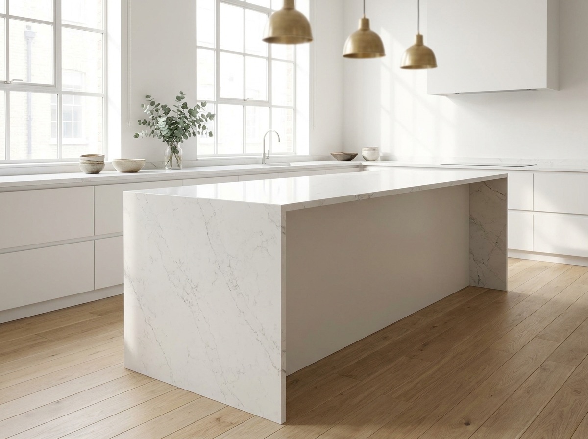 Premium kitchen island with quartz waterfall countertop — explore Versa Stone waterfall islands