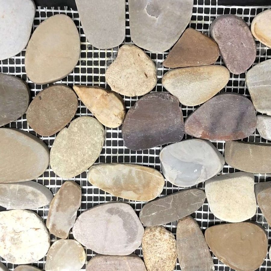 Natural river-stone pebble mosaic sheet with flat sliced pebbles on mesh backing