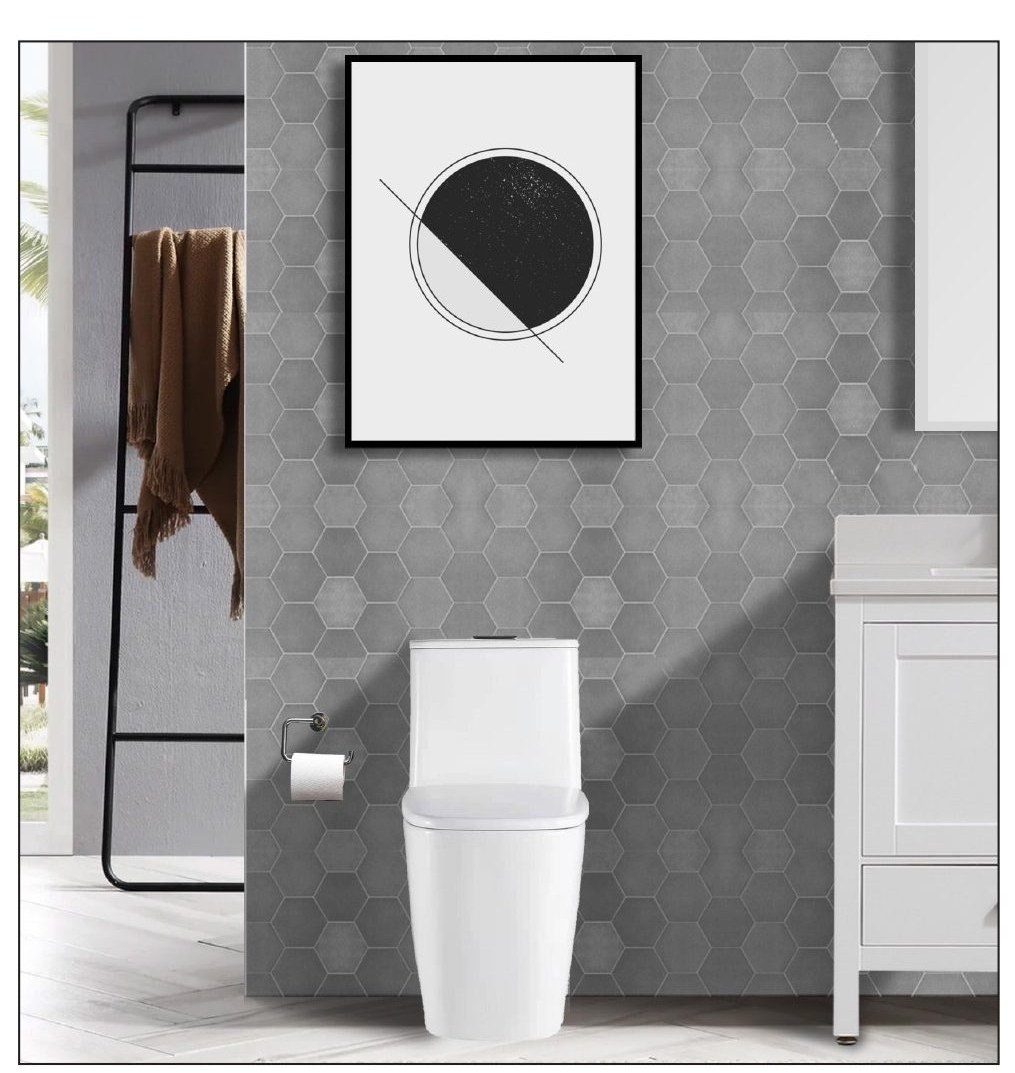 One-piece white toilet on hexagonal-tile bathroom wall