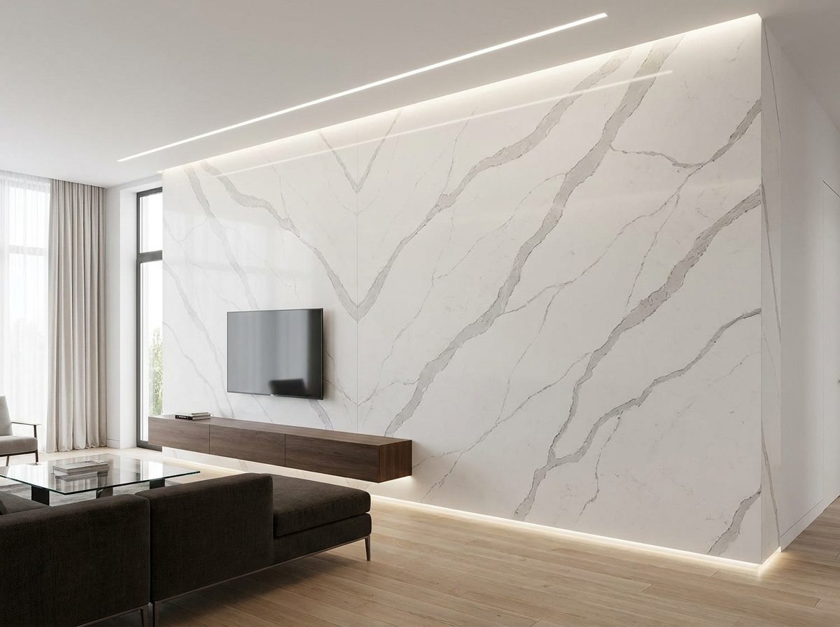 Floor-to-ceiling large-format quartz slab feature wall with gray veining in a modern living room
