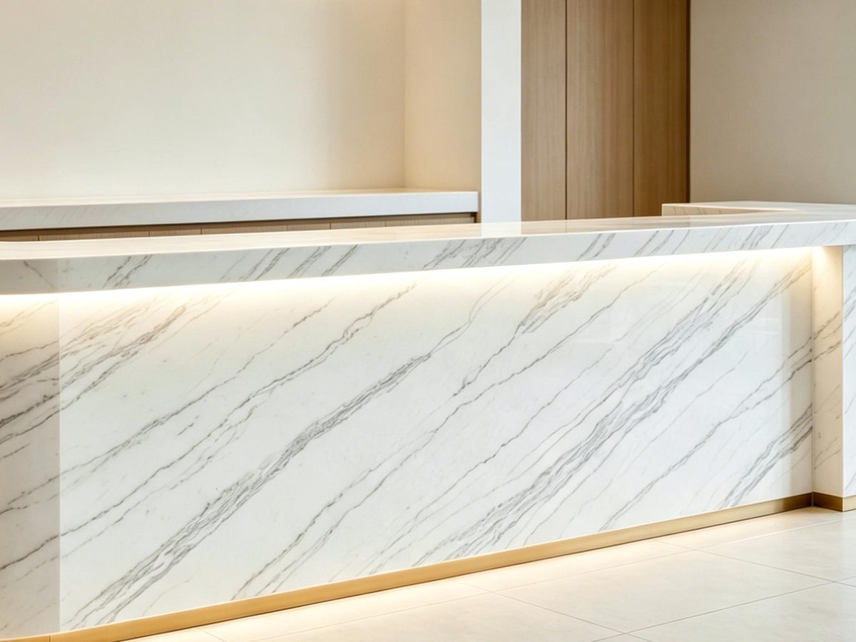 Backlit commercial reception desk clad in veined quartz slab