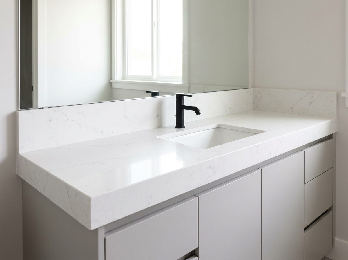 Bright white quartz vanity top with undermount sink, black faucet and gray cabinetry