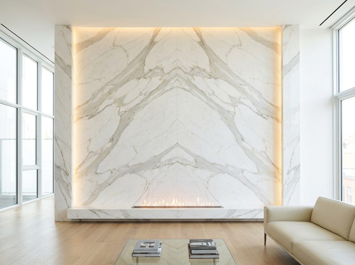 Full-height bookmatched marble feature wall with bold natural veining above a modern fireplace