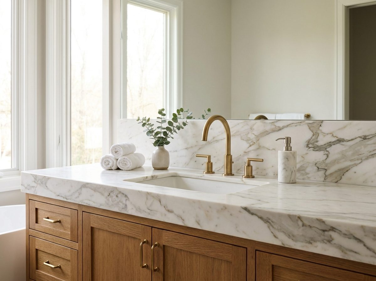 Bright marble vanity countertop with natural veining, undermount sink, brass faucet and oak cabinetry