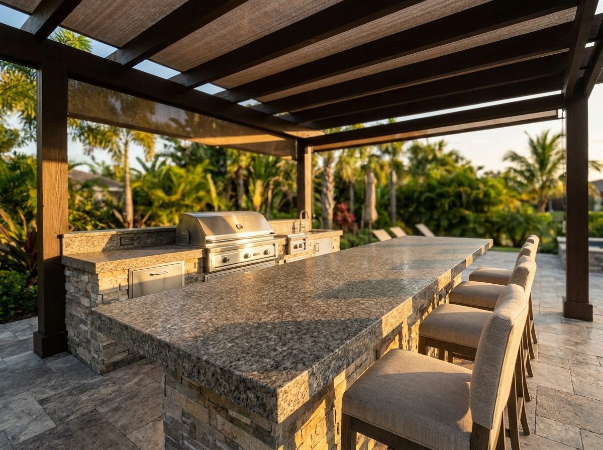 Covered outdoor kitchen with thick granite bar top, built-in grill and stone-clad base