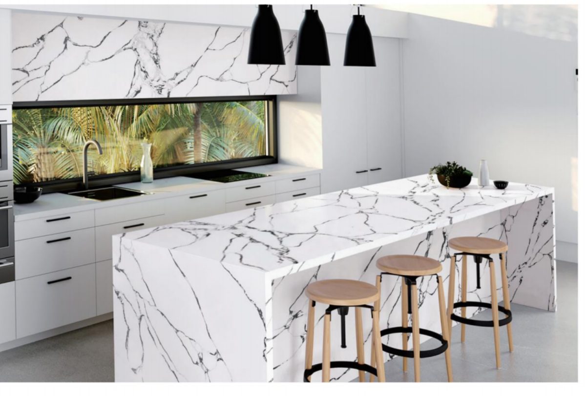 White quartz waterfall island with bold black veining in a modern kitchen — VS314