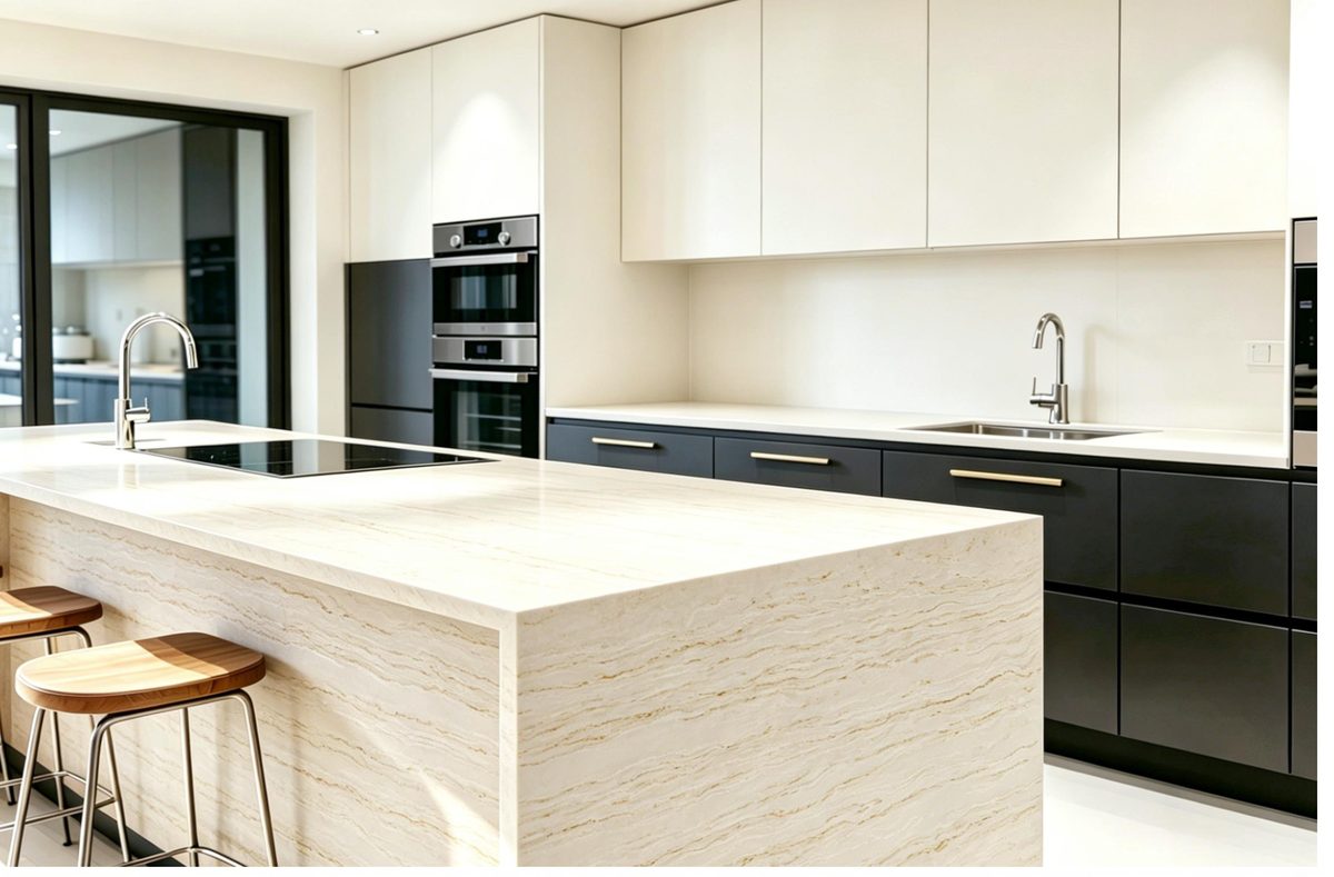 Cream quartz waterfall island with soft gold veining and wooden stools — VS315