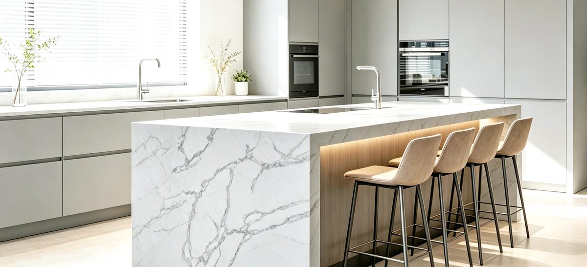 Under-lit waterfall kitchen island in Calacatta-style quartz — VS401